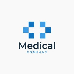 Modern Medical logo design. Combination of Cross symbol with Digital or Pixel, for Hospital and Health Clinic logo design