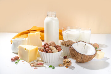 Vegan non-dairy products. Plant-based alternative dairy products – milk, cream, butter, yogurt,...