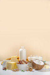 Vegan non-dairy products. Plant-based alternative dairy products – milk, cream, butter, yogurt, cheese, with ingredients - chickpeas, oatmeal, rice, coconut, nuts