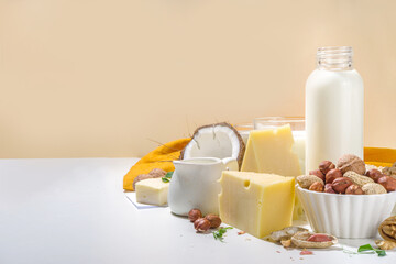 Vegan non-dairy products. Plant-based alternative dairy products – milk, cream, butter, yogurt, cheese, with ingredients - chickpeas, oatmeal, rice, coconut, nuts