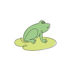 Single continuous line drawing of happy frog above lotus leaf on swamp lake for kids educational book. Cute pet animal icon concept. Dynamic one line vector draw graphic design illustration