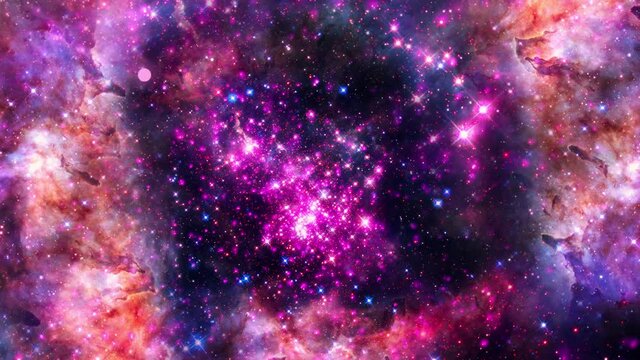Space travel glow Pink Purple nebula milky way cloud in deep space. 4K 3D seamless loop Sci-Fi Space flight to glow energy gas dust cloud nebula. Galaxy astronomy exploration. 
