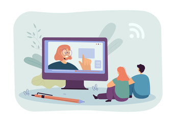 Students watching teacher on huge computer screen. Children sitting in front of monitor flat vector illustration. Online education, technology concept for banner, website design or landing web page