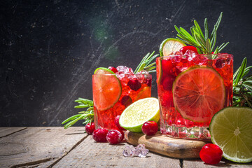Autumn winter cranberry cocktail, cranberry mojito with lime, crushed ice and rosemary 