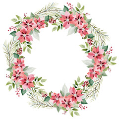Watercolor christmas wreath with poinsettia.