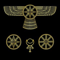 Cartoon drawing: ancient Sumerian symbols. Winged star. Marduk, Shamash, Ishtar. Vector illustration isolated on a black background. Imitation of gold.