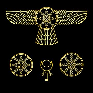 Cartoon drawing: ancient Sumerian symbols. Winged star. Marduk, Shamash, Ishtar. Vector illustration isolated on a black background. Imitation of gold.
