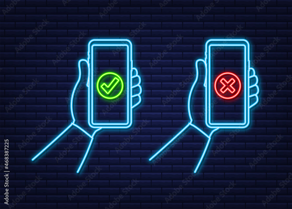 Poster hands holding smartphones with checkmarks set. tick and cross check marks. vector stock illustration