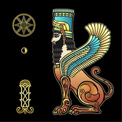 Animation color drawing: sphinx man with lion body and wings, character in Assyrian mythology.  Sumerian symbols. Vector illustration isolated on a black background. 