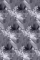 black and white seamless pattern of tropical plants and pompous grass painted in gouache for textiles and interior design