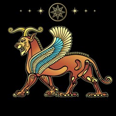 Animation drawing: sphinx horned lion with wings, character in Assyrian mythology.  Sumerian symbols. Vector illustration isolated on a black background.