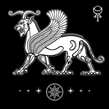 Animation drawing: sphinx horned lion with wings, character in Assyrian mythology.  Sumerian symbols. Vector white illustration isolated on a black background. 