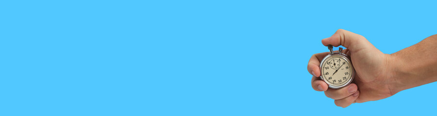 Banner, stopwatch in hand on a blue background, sports concept.