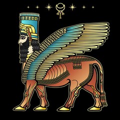Animation drawing: image of the Assyrian mythical deity Shedu: a winged bull with  head of person. character in Sumerian mythology. Vector illustration isolated on a black background.