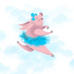 fairytale character pig ballerina, piglet on the background of clouds