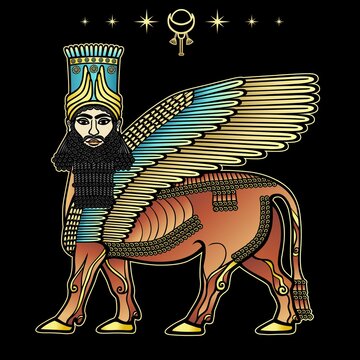 Animation drawing: image of the Assyrian mythical deity Shedu: a winged bull with  head of person. character in Sumerian mythology. Vector illustration isolated on a black background.