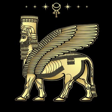 Animation drawing: image of the Assyrian mythical deity Shedu: a winged bull with head of person. character in Sumerian mythology. Vector illustration isolated on a black background. Gold imitation.