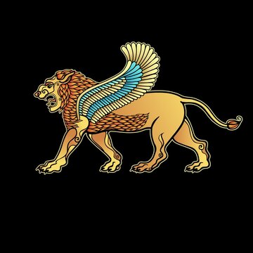 Cartoon color drawing:  growling winged lion, a character in Assyrian mythology.   Vector illustration isolated on a black background.