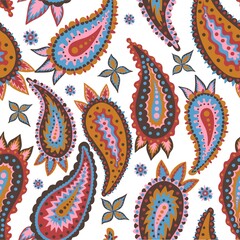 Paisley seamless multicolored pattern. An endless buta motif for fabrics, carpets, prints and more.