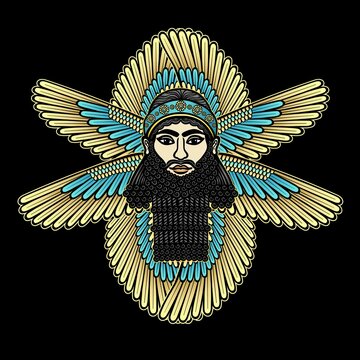 Cartoon color drawing: bearded man with eight wings, a character in Assyrian mythology. God, angel, prophet. Vector illustration isolated on a black background.