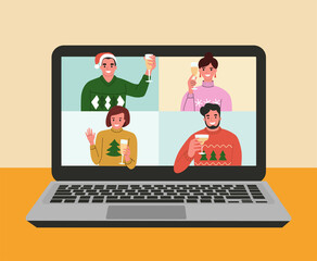 Christmas holiday. Video conference of different people with wine glasses. Laptop on the desk. Vector flat cartoon style illustration