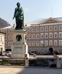 Austria. Spring. Day. Salzburg. View of the Mozart monument installed on Mozart Square.