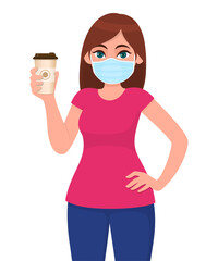 Young girl in medical face mask, showing coffee cup. Woman holding paper mug. Female character design. Corona virus epidemic outbreak. Modern food lifestyle. Cartoon illustration in vector style.