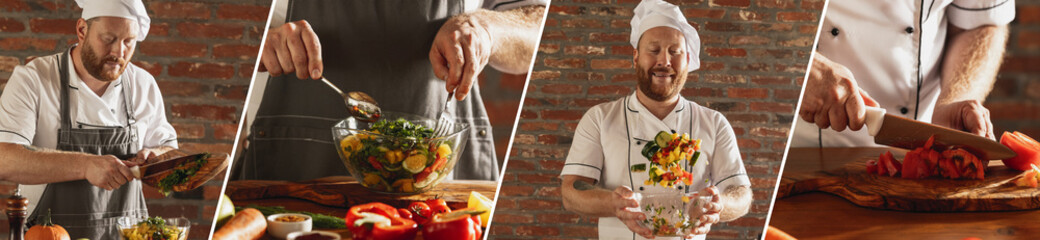 Young Caucasian red-bearded man, chef cooking fresh vegetable salad in cafe, restaurant kitchen. Healthy dieting.