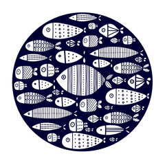 Cute fish card. Around motif with fish.