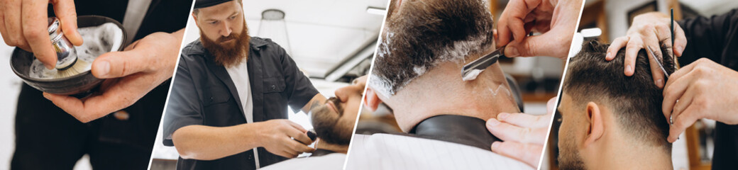Set of close-up shots of professional barber at work process. Beauty, selfcare, style, fashion, healthcare and male cosmetics concept.