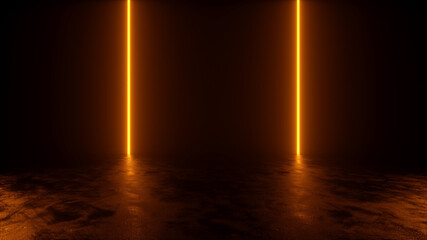 Neon abstract room with orange light and reflection on the field -3D rendering