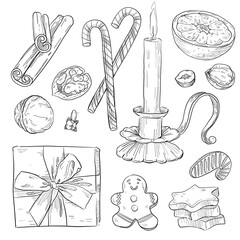 Hand drawn Christmas elements, sweets and holiday attributes