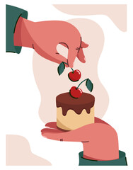 Illustration with cake in hand and cherry