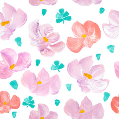 Seamless pattern abstract flowers, art painting, creative hand painted background, brush texture, acrylic painting.