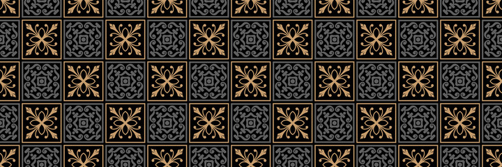 Gefliestes Hintergrundmuster mit geometrischen Ornamenten in Gold und grauen Elementen auf schwarzem Hintergrund für Ihr Design. Nahtloser Hintergrund für Tapeten, Texturen. Vektor-Illustration.