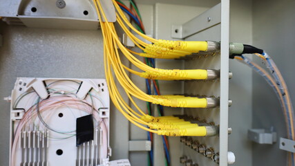 Fiber optic cable in the box. Close up FTB fiber cable or fiber optic data connection technology...