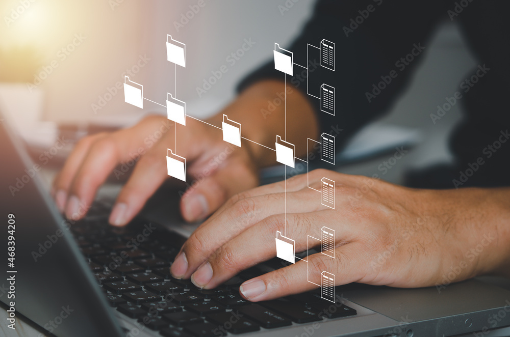 Poster document management system (dms). businessman work on laptop online documentation database corporate
