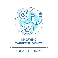 Knowing target audience blue concept icon. Analyzing customer base. Research of clients. Brand planning abstract idea thin line illustration. Vector isolated outline color drawing. Editable stroke
