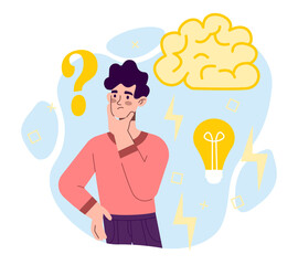 Creating new idea concept. Adult man thinks, asks questions and brainstorms to solve problem. Choosing best idea for development. Character with light bulb. Cartoon modern flat vector illustration