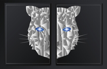 Set of abstract posters with a polygonal silver tiger.