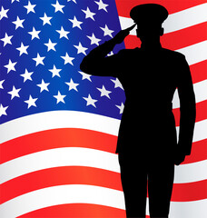 military or police salute silhouette with usa flag - obrazy, fototapety, plakaty