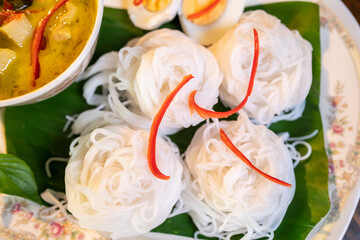 Thai style food, green curry with chicken, delicious vegetable Asian dinner