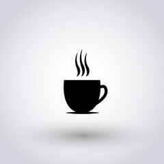 Black cup of coffee icon on grey gradient background. Hot tea, hot coffee vector icon. Hot beverage vector symbol.