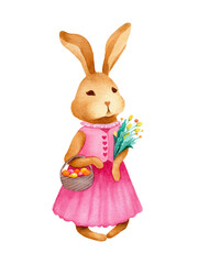 Watercoor Easter bunny with basket of eggs and flowers on white background isolated. Cute vintage illustration.