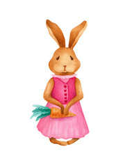 Watercoor Easter bunny with carrot on white background isolated. Cute vintage festive rabbit.