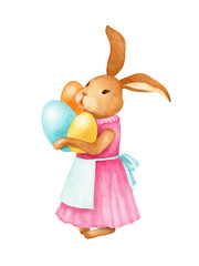 Watercolor Easter bunny with colorful eggs. Cute rabbit on white background isolated.