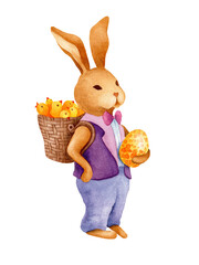 Watercolor Easter bunny with basket of yellow chickens and golden egg. Cute brown rabbit on white background isolated. Nice vintage illustration.