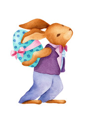Easter bunny with big blue egg. Cute brown rabbit in purple suit on white background isolated. Nice vintage watercolor illustration.