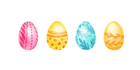 Four watercolor Easter eggs. Pink, yellow, blue, orange eggs on white background isolated.
