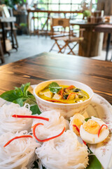 Thai style food, green curry with chicken, delicious vegetable Asian dinner